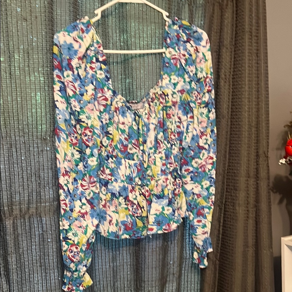 SO Blue and Pink Puff Sleeve Blouse with Smocked Tie Front